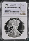 :1996-P S$1 SILVER AMERICAN EAGLE 1 OZ SPOTLESS NGC PF 70 ULTRA CAMEO R2 TOP POP