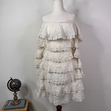 ZIMMERMANN Painted Heart Off Shoulder Ruffle Tiered Ivory Lace Mini Dress AU 2