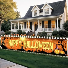 Katchon Halloween Outdoor Banner - 120x20 Inch Black & Orange Yard Sign