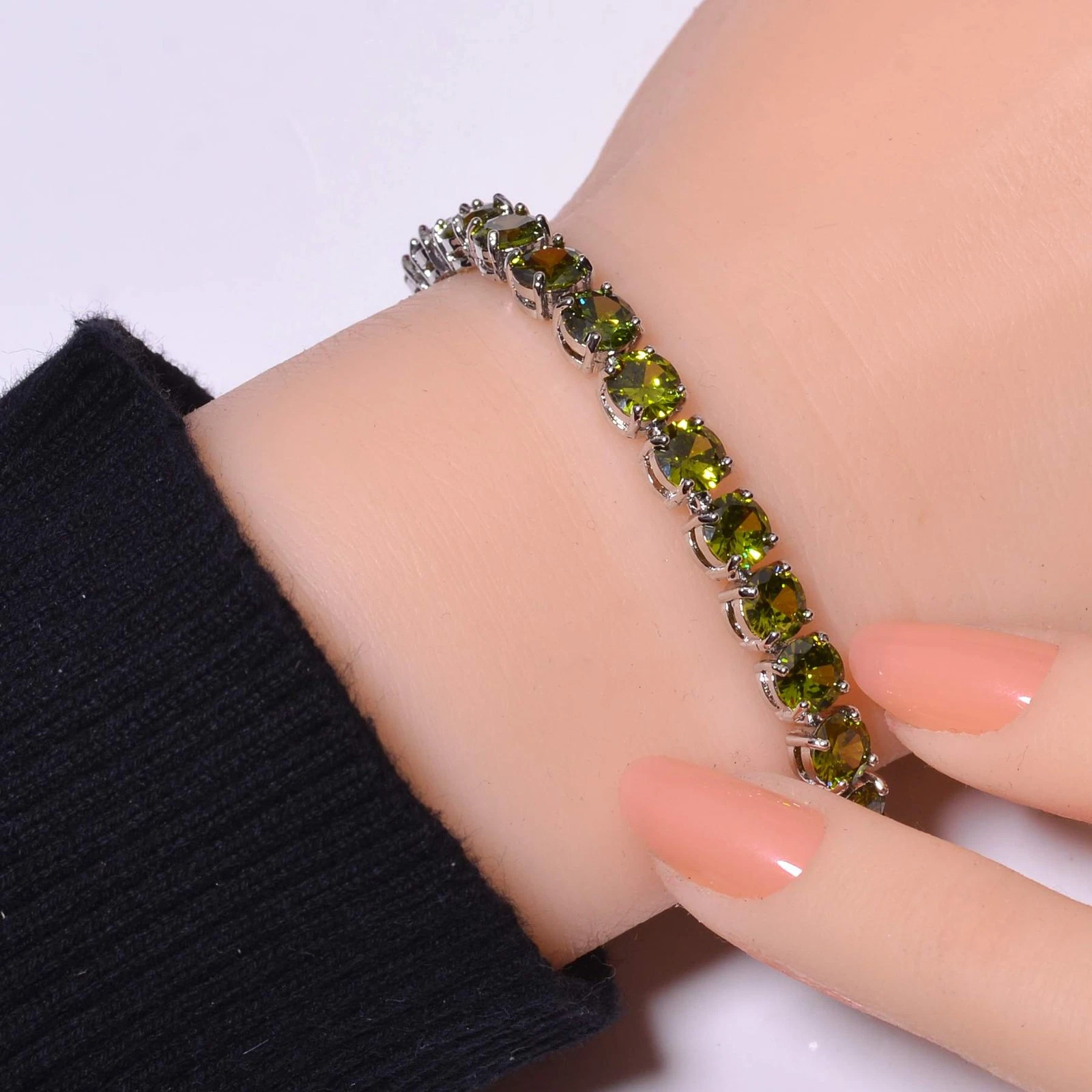 VALENTINO Bracciale Tennis Argento Sterling 925 Tormalina Verde 7 99" B4 Regalo per Lei