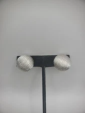 Vintage Monet Earrings Clip On Huggie Silver Tone Round Ribbed Textured Jewelry