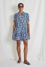 Apiece Apart Las Alturas Blue Floral Print Short Sleeve Cotton Mini Dress Size S