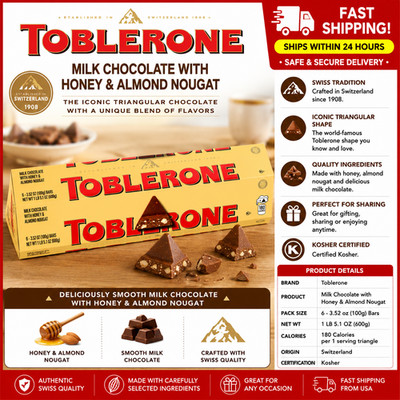 Toblerone Swiss Milk Chocolate Bar, 3.52 oz, 6-Count