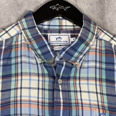 Southern Tide Mens XL Blue Plaid Linen Blend Button Up Shirt Classic Fit