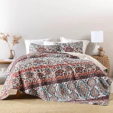  Boho Quilt King Size, Reversible Bohemian Style Twill Strip Floral Quilt 