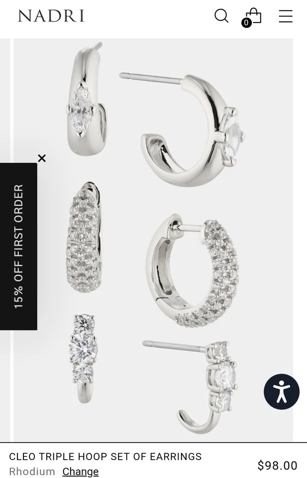 NADRI Triple Hoop Set of 3 Earrings Rhodium Silver Tone & CZ Cubic Zirconia VEUC - Image 2 of 4