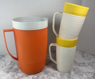 Vintage Orange Thermoware Sunfrost Pitcher & Yellow Thermotemp Raffiaware Cups