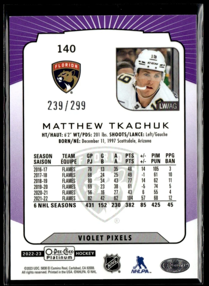 2022-23 O-Pee-Chee Platinum Violet Pixels Matthew Tkachuk 239/299 #140 - Image 2 of 2