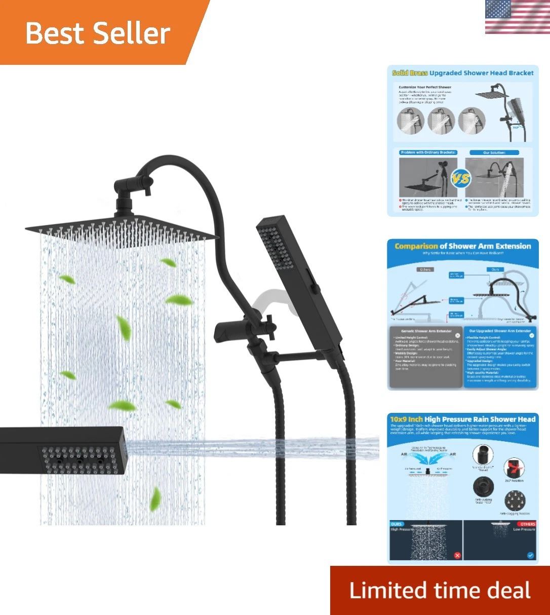 All-Metal cUPC Certified 10'' Rainfall Shower Head with Handheld Wand & 4-Spray