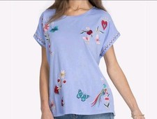Johnny Was Adara Relaxed Tee Blue Embroidered BUTTERFLY FLORAL Boho MSRP 125