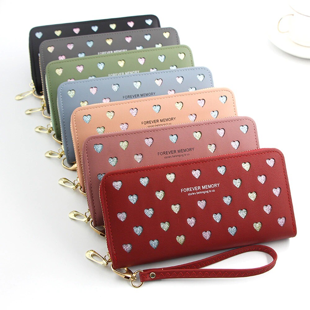 Women Hollow Love Zipper Leather Long Wallet Phone Card Holder Large Purse  | eBay