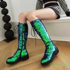 Bling Bling Sequins Women's Glitter Lace Up Knee High Boots Stage Riding Shoes