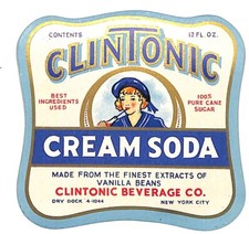 Clintonic Creme Soda Clintonic Beverage Co. NYC Soda Bottle Label c1950's