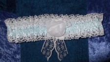 AQUA BLUE SATIN, ROSE and LACE BRIDAL GARTER, NEW, WHITE ROSE, AUSTRALIAN MADE