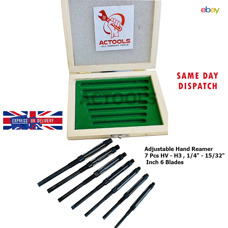 ACTOOLS New Adjustable Hand Reamers Set 7 Pcs HV to H3 1/4" to 15/32" Wooden box UK