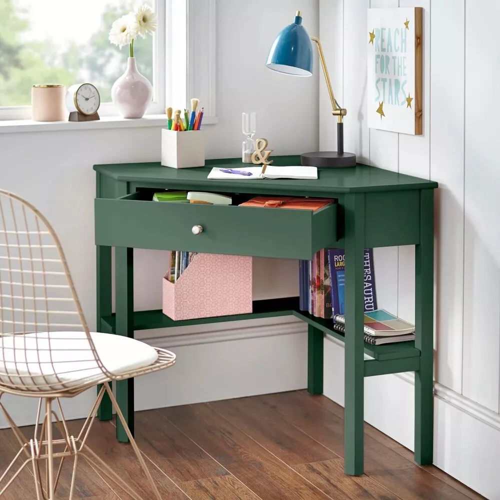 Dark Green Wooden Corner Desk Laptop Student Writing Home Office