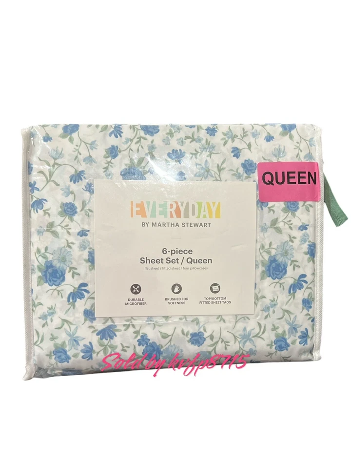 Conjunto de Lençóis Floral Everyday Martha Stewart 6 Peças Queen Novo Elegante Flores Azuis - Imagem 2 de 3