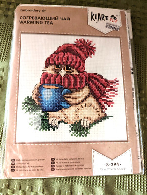 Klart Cross Stitch Kit ''Warming Tea'' Bird with Cup 5 1/2'' x 5'' from Germany  NIP