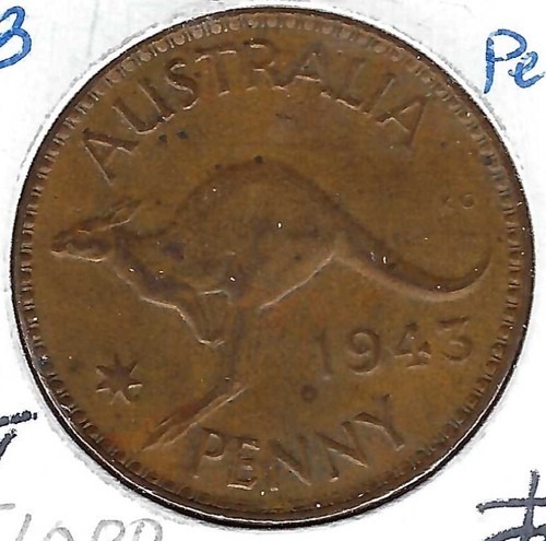 1943 Australia Circulated (No Dots) Penny KGV1 & Kangaroo Coin! #1 - 第 1/2 張圖片