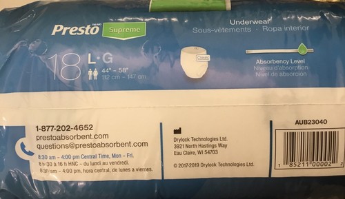PRESTO SUPREME UNDERWEAR CLASSIC LG MAX ABSORBENCY 18 COUNT UNISEX - Picture 3 of 4