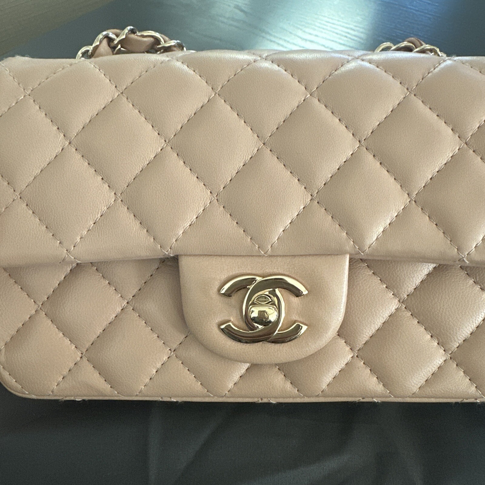 Chanel Lambskin Mini Rectangular Flap Beige Gold … - image 3