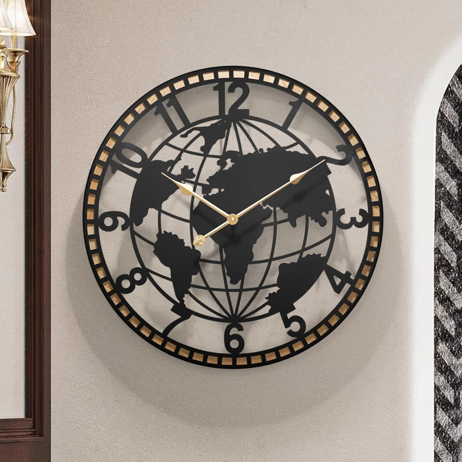 Large 24" World Map Wall Clock - Silent Metal & Wood Decor for Home & Office