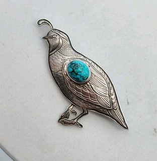 Kit Carson Sterling Silver Quail Design Turquoise Pin Signed