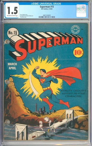 Superman #15 Nice Unrestored Golden Age Superhero Vintage DC Comic 1942 CGC 1.5