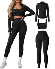 Women 3 Piece Seamless Workout Set Sports Bra High Waisted Gym Yoga Leggings ...