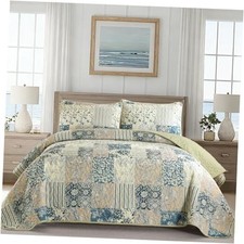Patchwork Size Quilt Plaid Spring Summer Bedspread Bedding King Green Blue