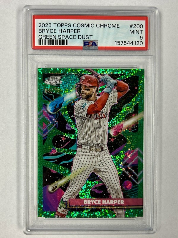 PSA 9 BRYCE HARPER 2025 Topps Cosmic Chrome #200 Green Space Dust /75