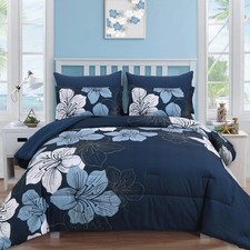 Navy Blue Comforter Set Queen Size, 7 Pieces Bed in a Bag Navy Blue Floral Co...
