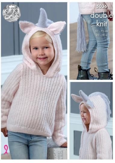 King Cole Girls Double Knitting Pattern Hooded Unicorn Sweater & Cardigan 5036 - Image 3