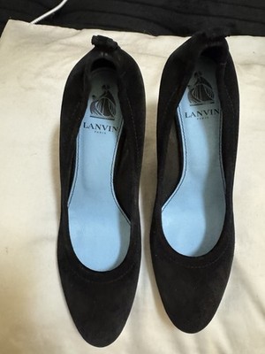 LANVIN Paris Black Suede Wedge Round Toe Bow Slip On Pumps EU 36.5