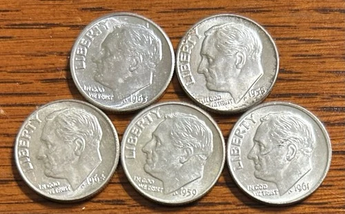 (5) Silver Roosevelt Dimes - Mixed Dates All UNC  Lot Of 5 Nice Silver Coins