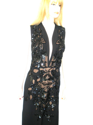 NEW STUNNING $9K ELIE SAAB BLACK SEQUIN&CRYSTAL DRESS,GOWN PLUNGING V NECK 4/6