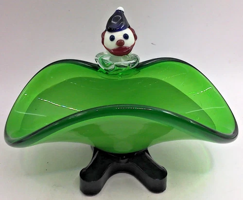 Vintage Murano Style Art Glass Green Clown Dish/Bowl, 7" Long, 5" Tall