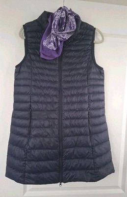 Women Elfjoy L Duck Down Vest Puffer Navy Full Zip Lightweight Above Knee Nylon 