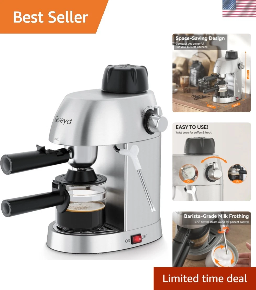 Espresso Coffee Maker Machine 4 Cups Stainless Steel Milk Frother Compact