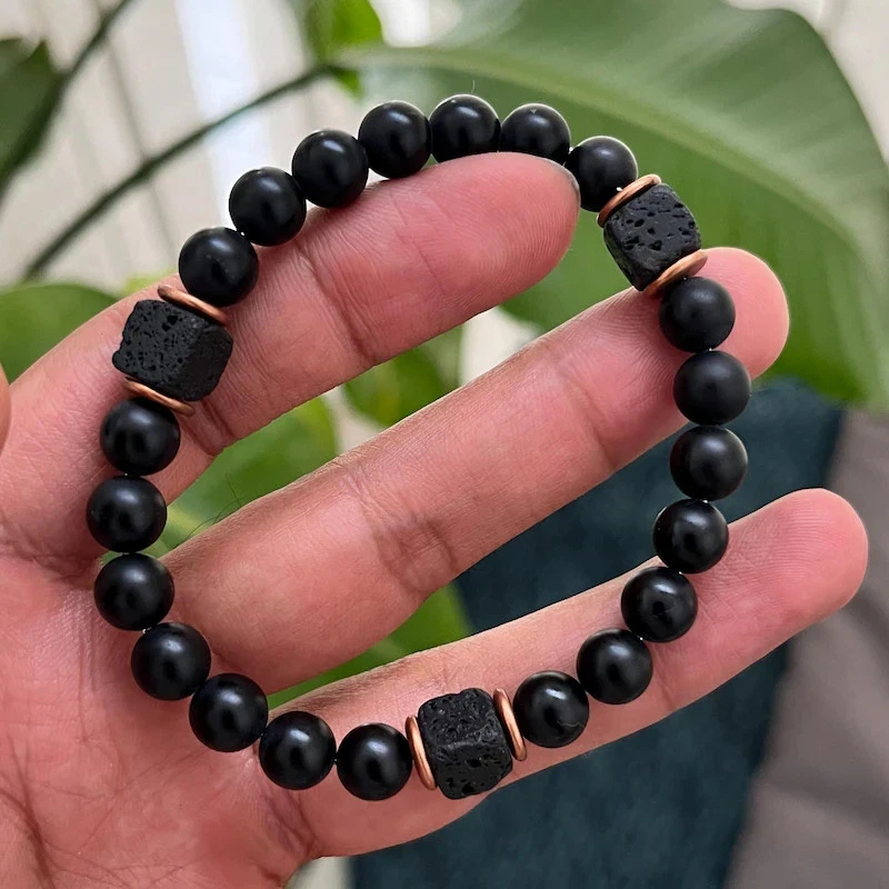 Mens Premium Matte Black Onyx with Lava Beads Grounding Protection Bracelet - Image 3 of 4
