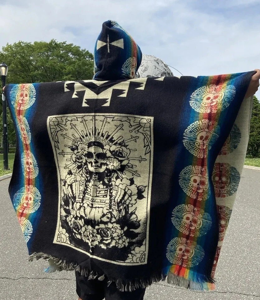 HANDMADE ALPACA WOOL PONCHO, Aztec Skull Design, Catrina, Very Soft And Warm