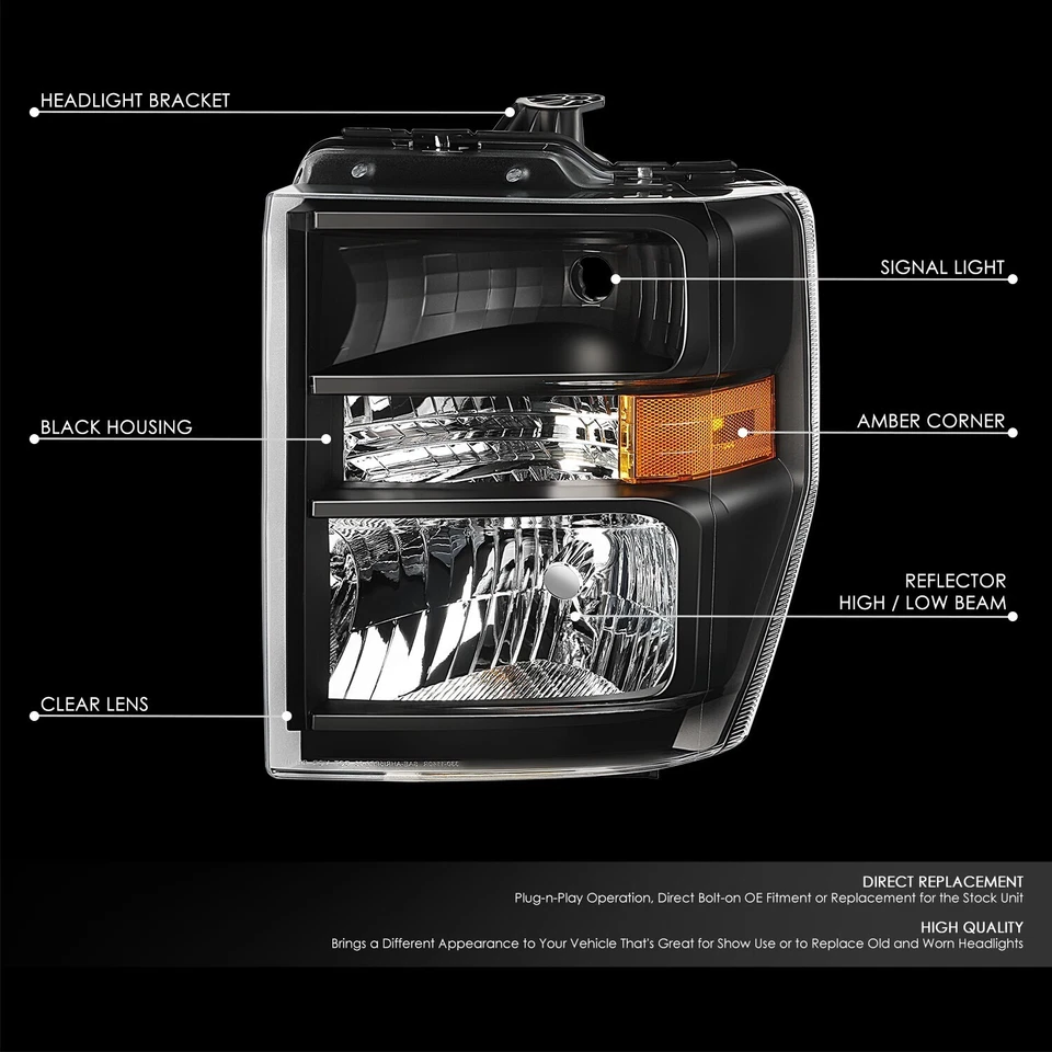 适用于 2008 - 2021 年福特 E150 E250 E350SD E450SD F650 F750 车头灯黑色/琥珀色 — 第 2/4 张图片
