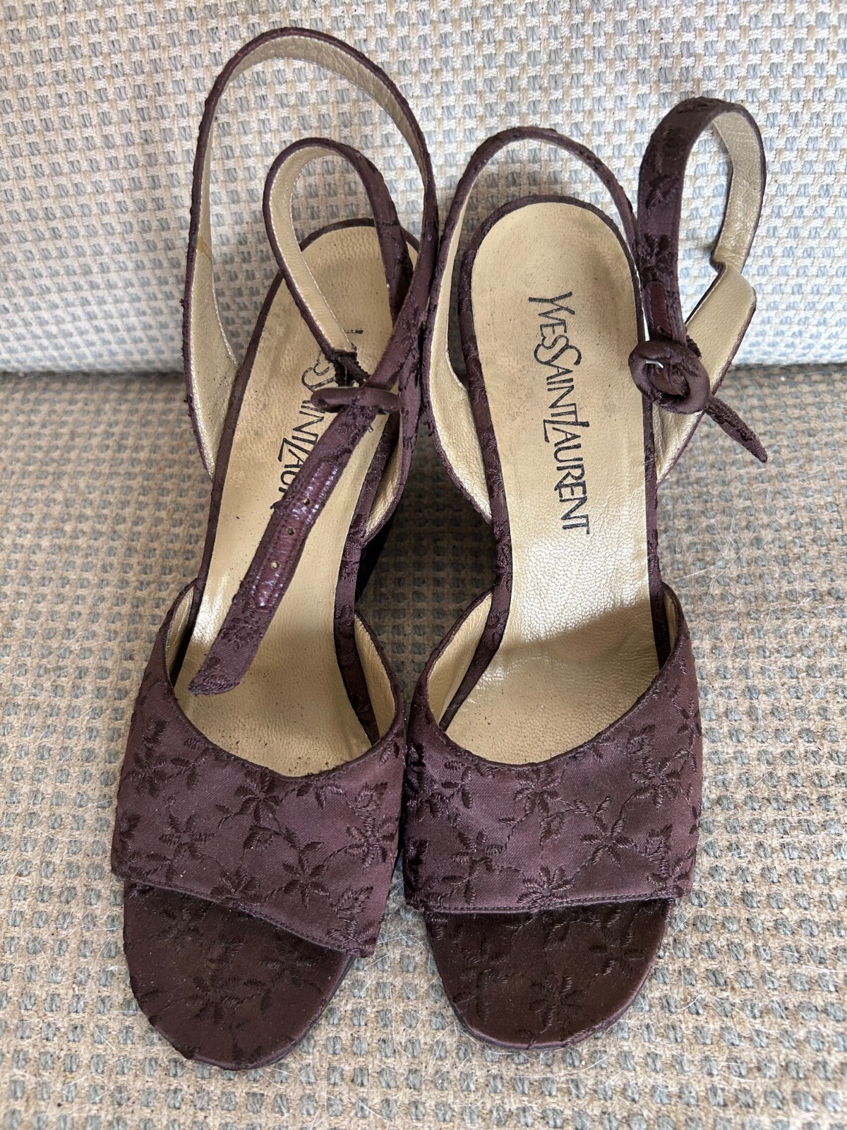 YVES SAINT LAURENT scarpe vintage marrone tacco grosso cinturino alla caviglia YSL anni 90 TAGLIA 7