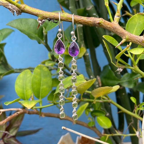 Beautiful Green Peridot Purple Amethyst 925 Sterling Silver Long Statement Ear - Picture 7 of 7
