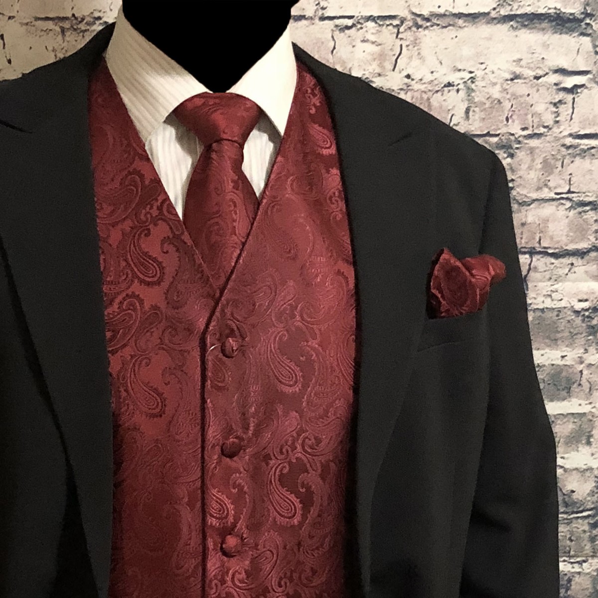 BURGUNDY WINE Paisley Tuxedo Suit Dress Vest Waistcoat Neck tie
