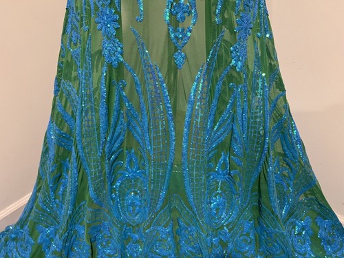 Blue Green Gold iridescent 4way stretch sequin Embroided fabric 50” Width 1 Yard - Picture 3 of 6