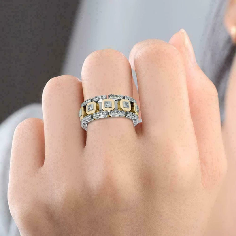 Hombres Mujeres Amante Dos Tonos Brillante Estrás Anillo Dedo Boda Joyería Regalo Decoración Foto 3 de 4