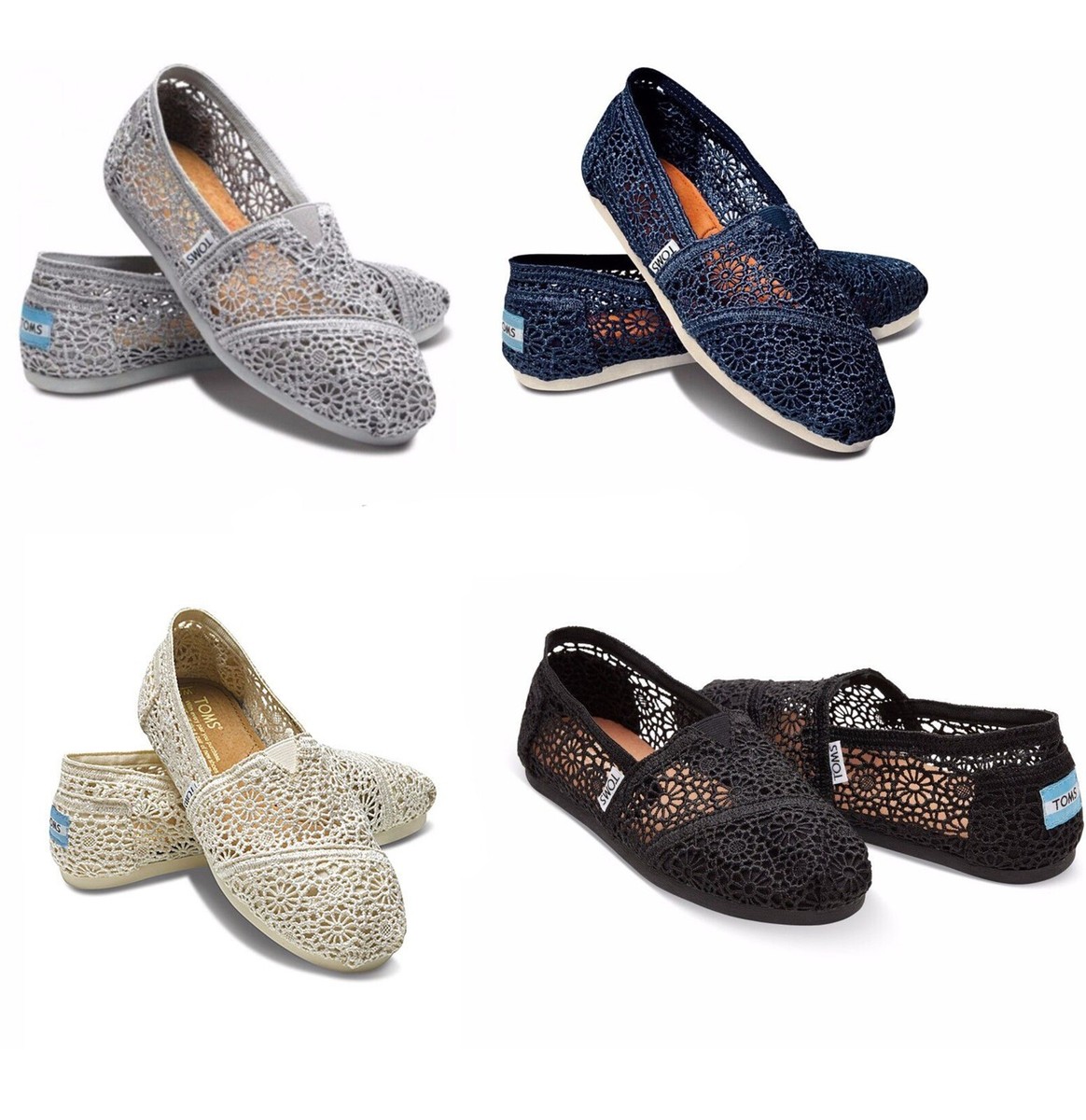 100 Authentic Tom's Crochet, Color: Navy, Black,Silver,Natura