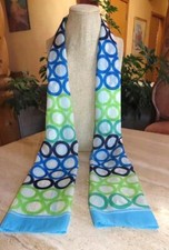 Oblong geometric scarf; semisheer; white green blue navy gold-metallic 58x13