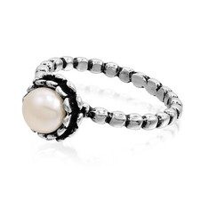 Cultured Pearl Rose Blossom on Sterling Silver Textured Band Ring-9